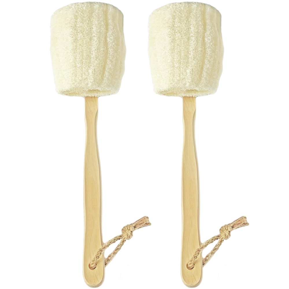 2-Pack Natural Loofah Exfoliating Bath Brush - Body luffa loofa Sponge On a Stick - Sponge Scrubber with Long Wooden Handle Back Brush for Men & Women - Bath Spa Shower