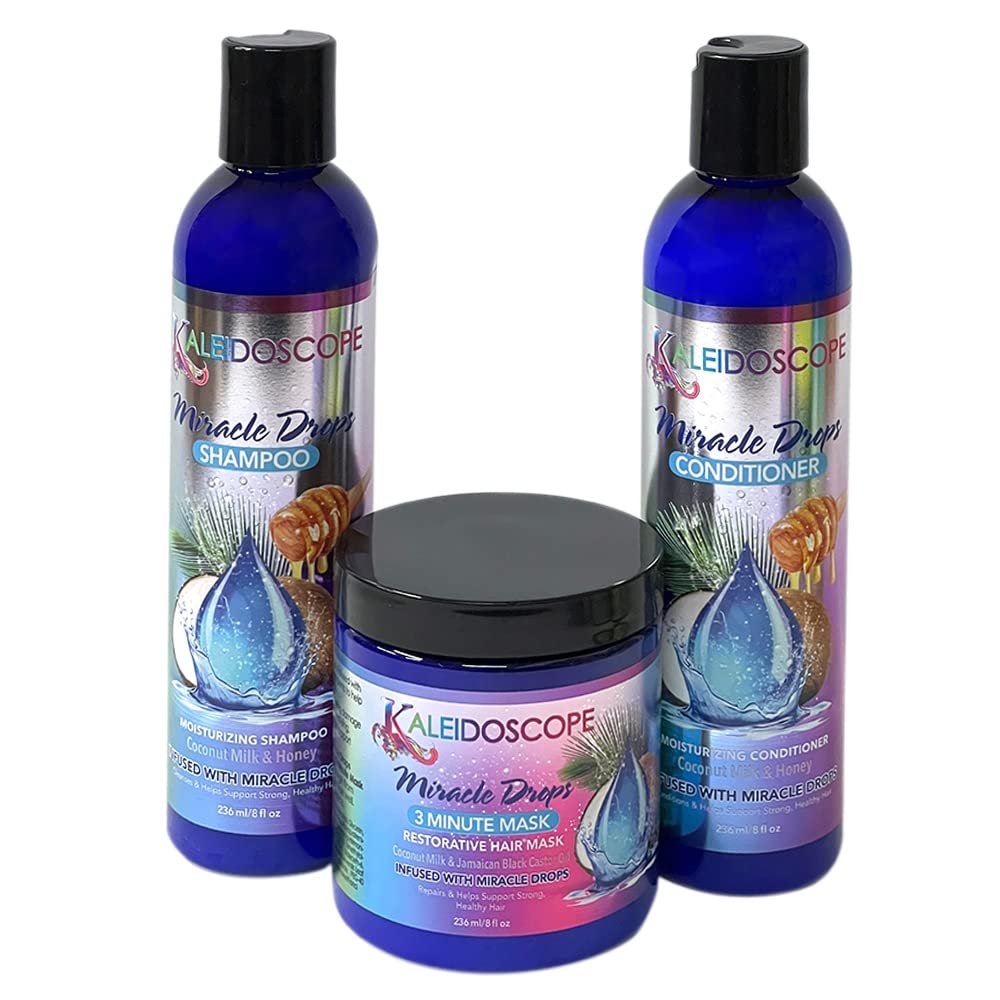 Kaleidoscope - Miracle Drops Collection Coconut Milk, Honey & Aloe Vera, Rice Water Moisturizing Blend Shampoo, Conditioner & 3 Minute Mask - Hair Care Styling Bundle 3 Pcs Set
