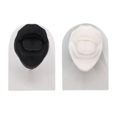 2Pcs Black and White Silicone Tongue Mouth Model, High Simulation Reusable Human Tongue Mouth Mold with Acrylic Bracket, Multipurpose Tongue Model for Piercing Lip Nail Tongue Nail Display