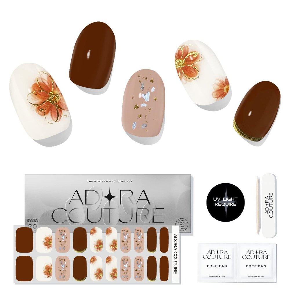 Adora Couture Semi Cured Gel Nail Strips with 30 Pieces, Salon Quality Nail Wraps for Women, UV Light Required, Gilded Flower
