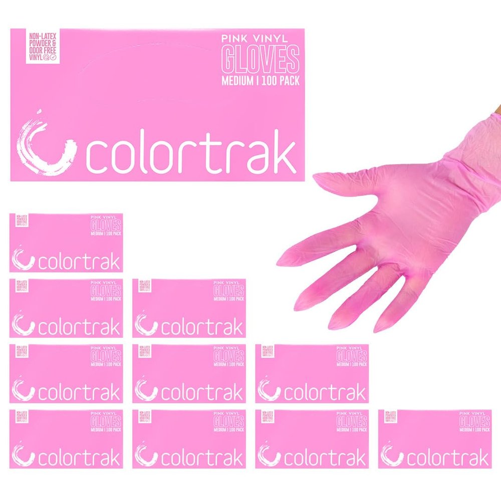 Colortrak Disposable Gloves, 10 Boxes (1000 Count) Single-Use, Powder Free Vinyl, Latex-Free, Sanitary Hair Stylist/Barber Gloves, Pink, Large