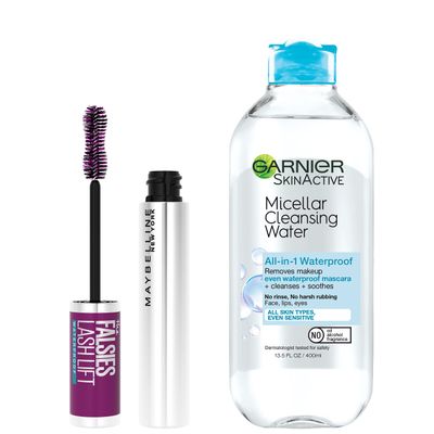 Maybelline The Falsies Lash Lift Waterproof Mascara + Garnier SkinActive Micellar Water Bundle, Includes 1 Mascara in Brownish Black and 1 Makeup Remover