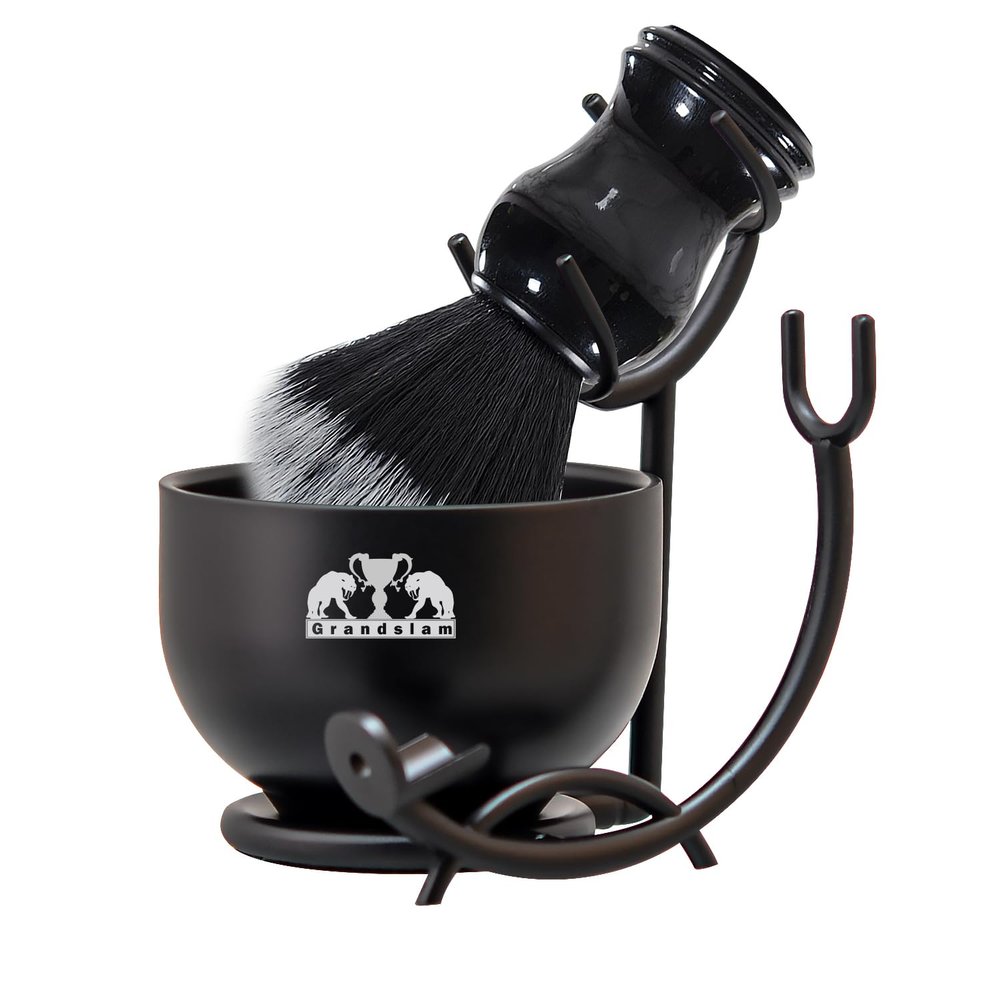 Grandslam Deluxe Shaving Kit for Men, 3 in 1 Shaving Set Includes Shaving Brush, Stainless Steel Shaving Bowl and Razor & Brush Holder, Black Set