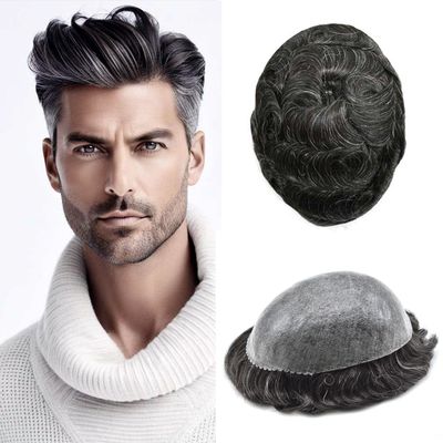 Toupee For Men Hair Piece Real Human Hair Replacement System Full Poly Skin Mens Toupee Hairpieces Men Hair Prosthesis Units Protesis Capilar #1B20 1B# OFF BLACK +20% Gray120% density6x8