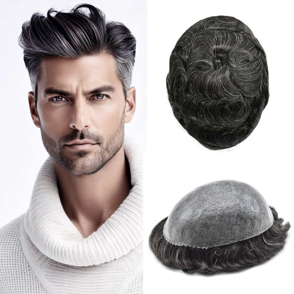 Toupee For Men Hair Piece Real Human Hair Replacement System Full Poly Skin Mens Toupee Hairpieces Men Hair Prosthesis Units Protesis Capilar #1B20 1B# OFF BLACK +20% Gray120% density6x8