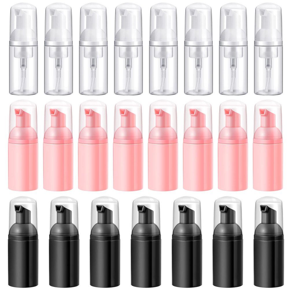 24 Pcs Foam Pump Bottles 1 Oz/ 30 ml Plastic Mini Empty Dispenser Travel Soap Foaming Bottles for Refillable Hand Sanitizer Lash Shampoo(White, Pink, Black)