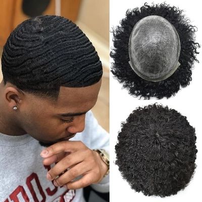 Afro Toupee Man Weave Hair Unit for Black Men Full Injection Poly Skin PU Brazilian Human Hair African American Curly Afro Wig FACE MIRACLE NEW (8x10 10mm, 1# Jet black)