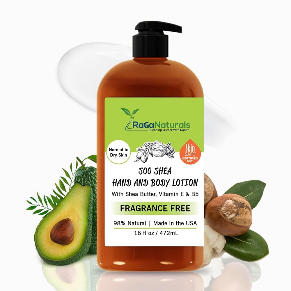 RaGaNaturals Natural Unscented Body Lotion for Dry, Sensitive Skin with Shea Butter, Avocado Oil & Vitamin E - Moisturizing, Fragrance Free Hand Lotion With Organic Essence -For Women, Men, Kids-16 Oz