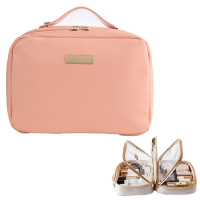 Square Box Cosmetic Bag With Large Capacity, Double Layer Cosmetic Storage Bag, Portable And Waterproof Travel Storage Bag (Pink)