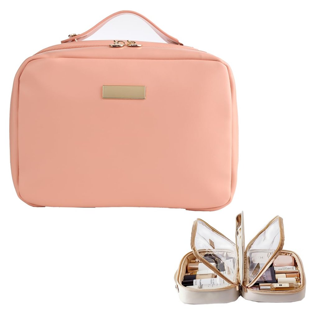 Square Box Cosmetic Bag With Large Capacity, Double Layer Cosmetic Storage Bag, Portable And Waterproof Travel Storage Bag (Pink)