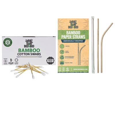 BOONBOO Cotton Swabs 600ct + 100ct Bamboo Straws