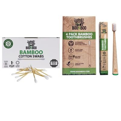 BOONBOO Cotton Swabs 600ct + 4 Pack Adult Toothbrushes