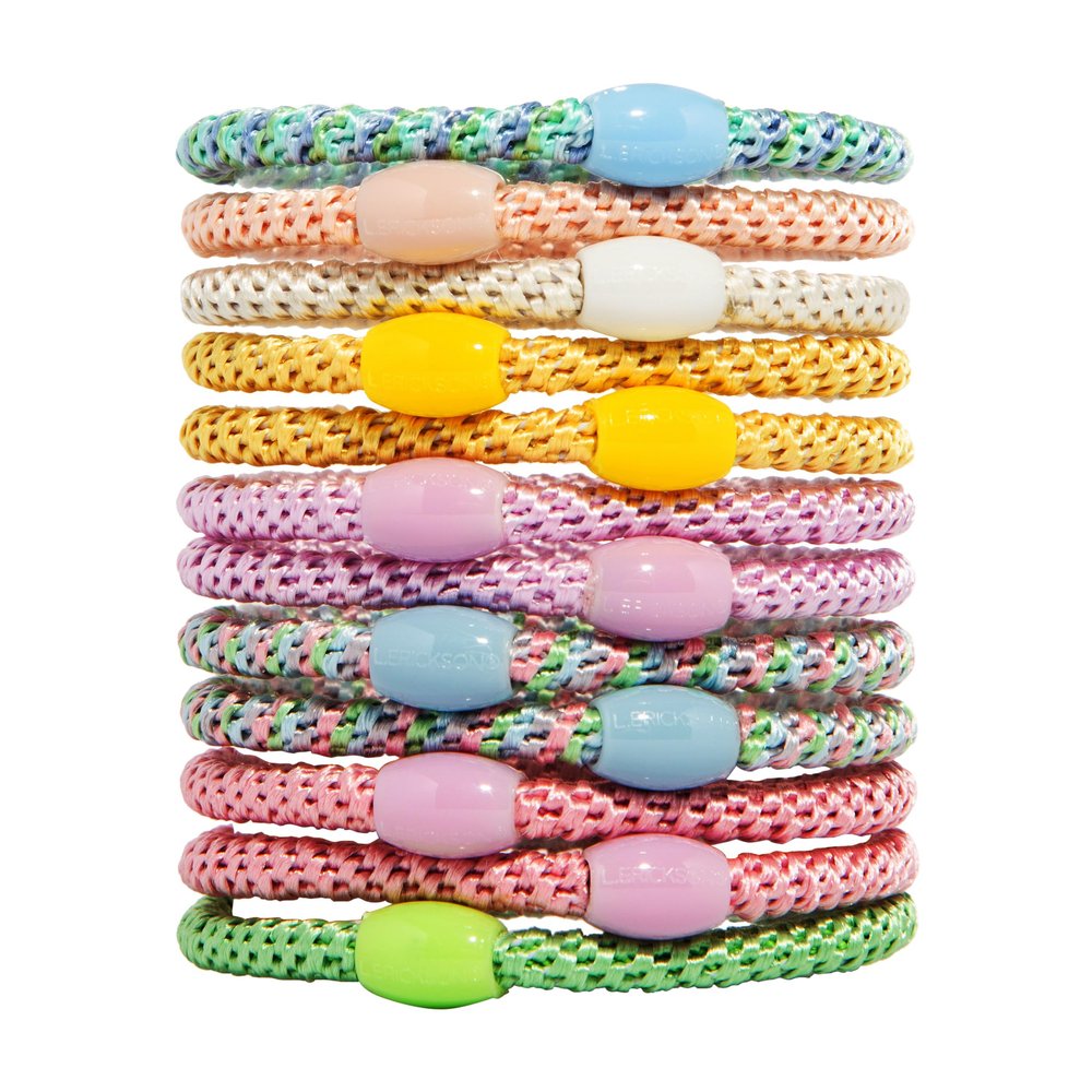 Colorful Hair Ties for Thin Hair, Narrow Grab & Go Ponytail Holders, 12 Pack, Taffy, Thin No-Crease Bands with Strong Hold, Damage-Free Design, Fun Candy-Colored Pastel Mix | L. Erickson