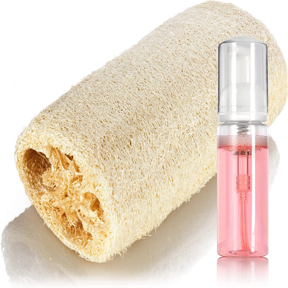 1.7 oz Single Foamer Pump Shower Gel Bottle with 12 Pack Natural Loofah Body Scrub (5 inches)