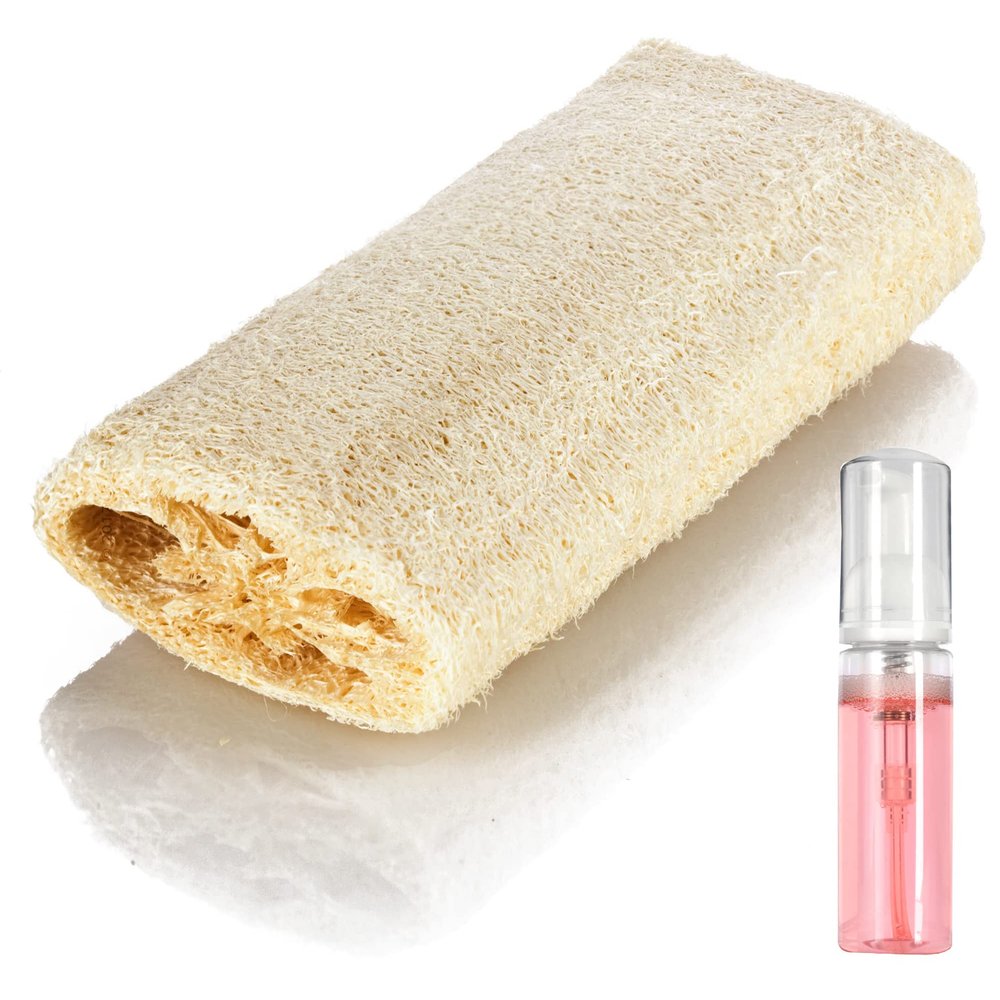 12 Pack of Natural Loofah Sponge Body Shower Scrub (6 inches Long) with a Foamer Pump Bottle
