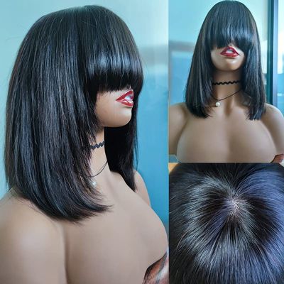 12inch Short Layered Bob Wig Human Hair with Bangs 180Density Scalp Top Layered Bobs Wigs for Black Women Short Straight Full Machine None Lace Human Hair Wig with Bang Natural Black