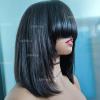 12inch Short Layered Bob Wig Human Hair with Bangs 180Density Scalp Top Layered Bobs Wigs for Black Women Short Straight Full Machine None Lace Human Hair Wig with Bang Natural Black view 2