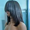 12inch Short Layered Bob Wig Human Hair with Bangs 180Density Scalp Top Layered Bobs Wigs for Black Women Short Straight Full Machine None Lace Human Hair Wig with Bang Natural Black view 4