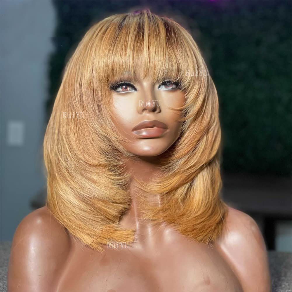 10inch Short Layered Bob Wig Human Hair with Bangs 150Density Ombre Brown BLonde Scalp Top Layered Bob Wigs for Black Women 4#/27# Short Straight Bob Full Machine None Lace Human Hair Wig with Bang