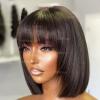 10inch Short Layered Bob Wig Human Hair with Bangs 130Density Scalp Top Layered Wigs for Black Women Short Straight Bobs Full Machine None Lace Human Hair Wig with Bang Natural Black view 1