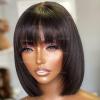 10inch Short Layered Bob Wig Human Hair with Bangs 130Density Scalp Top Layered Wigs for Black Women Short Straight Bobs Full Machine None Lace Human Hair Wig with Bang Natural Black view 3