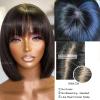 10inch Short Layered Bob Wig Human Hair with Bangs 130Density Scalp Top Layered Wigs for Black Women Short Straight Bobs Full Machine None Lace Human Hair Wig with Bang Natural Black view 4