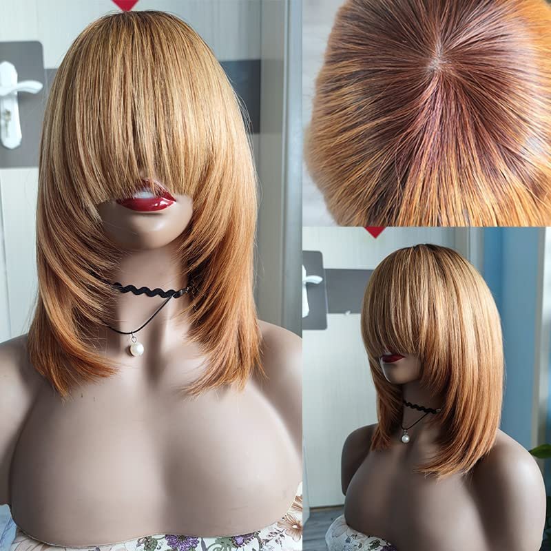 12inch Short Layered Bob Wig Human Hair with Bangs 150Density Ombre Brown BLonde Scalp Top Layered Bob Wigs for Black Women 4#/27# Short Straight Bob Full Machine None Lace Human Hair Wig with Bang