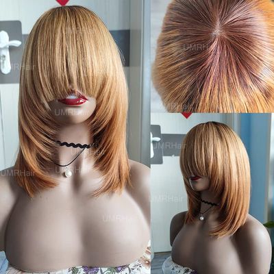 12inch Short Layered Bob Wig Human Hair with Bangs 180Density Ombre Brown BLonde Scalp Top Layered Bob Wigs for Black Women 4#/27# Short Straight Bob Full Machine None Lace Human Hair Wig with Bang