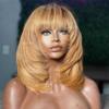 10inch Short Layered Bob Wig Human Hair with Bangs 180Density Ombre Brown BLonde Scalp Top Layered Bob Wigs for Black Women 4#/27# Short Straight Bob Full Machine None Lace Human Hair Wig with Bang view 1