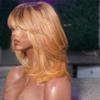 10inch Short Layered Bob Wig Human Hair with Bangs 180Density Ombre Brown BLonde Scalp Top Layered Bob Wigs for Black Women 4#/27# Short Straight Bob Full Machine None Lace Human Hair Wig with Bang view 3