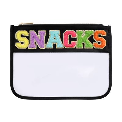 BCRMPT Chenille Letter Pouch, Multi-purpose PVC Nylon Cosmetic Bag, Travel Makeup Bag With Zipper For Women, Beach Gym pouch (Black-Snacks)