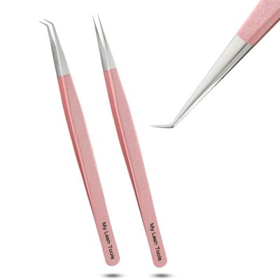 2pcs Straight & Curved Isolation Tweezers for Eyelash Extensions  14cm Japanese Stainless Steel, Blush Pink, Best for Individual & Classic Lashes