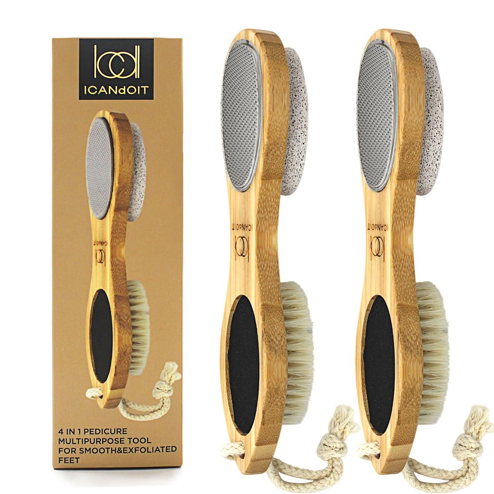 ICANdOIT-2 Packs Natural Bamboo Foot File Callus Remover-Multi Purpose 4 in 1 Feet Pedicure Kit with Boar Bristle Brush,Pumice Stone,Foot Rasp,Sand Paper