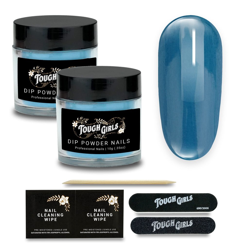 TOUGH GIRLS | Dip Powder | Includes Cuticle Stick, Nail File, Nail Buffer & Nail Wipes (Steel Blue | 2-Pack)