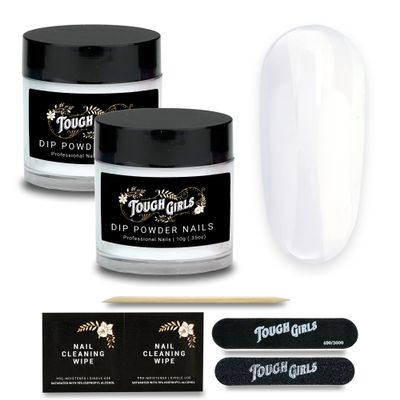 TOUGH GIRLS | Dip Powder | Includes Cuticle Stick, Nail File, Nail Buffer & Nail Wipes (White | 2-Pack)