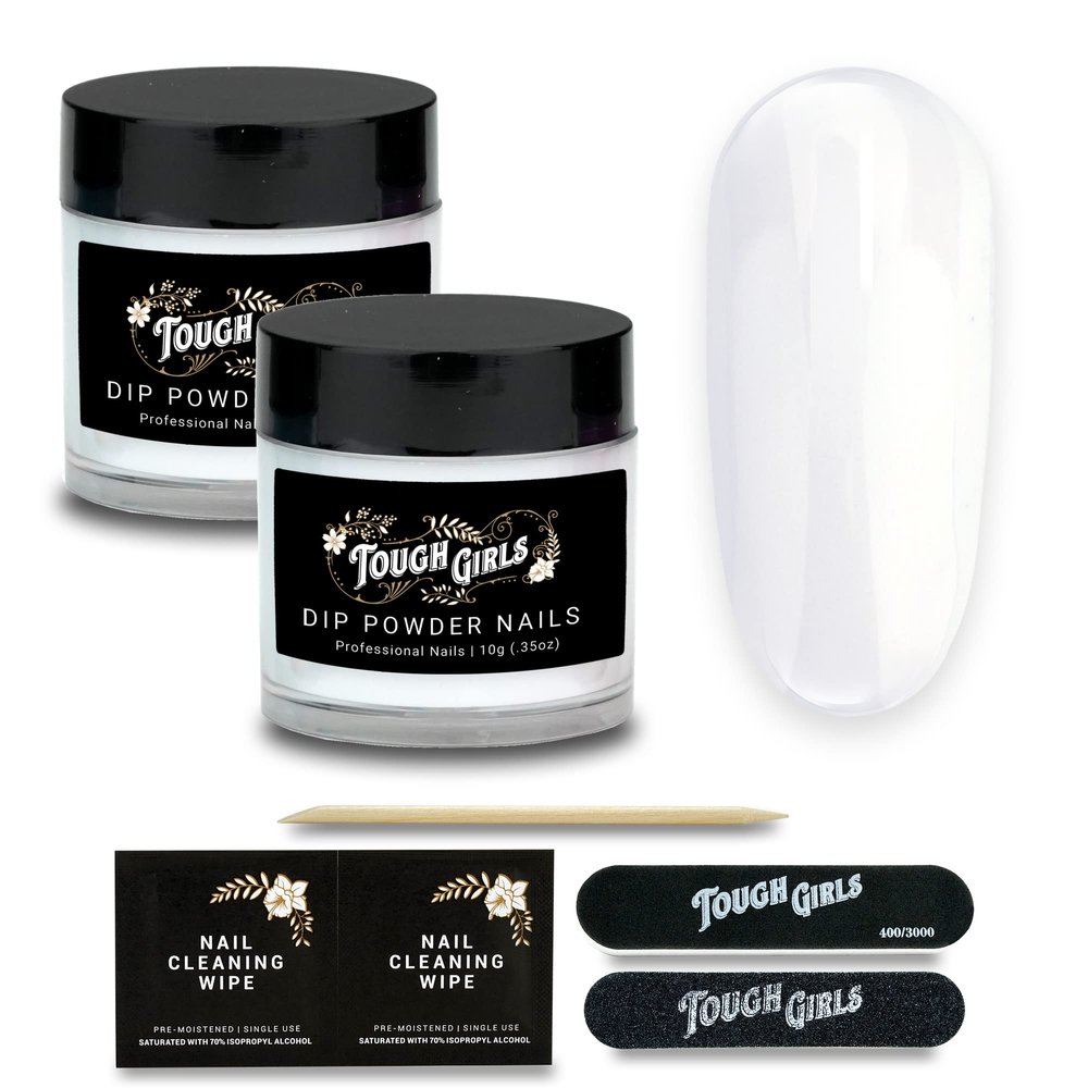 TOUGH GIRLS | Dip Powder | Includes Cuticle Stick, Nail File, Nail Buffer & Nail Wipes (White | 2-Pack)