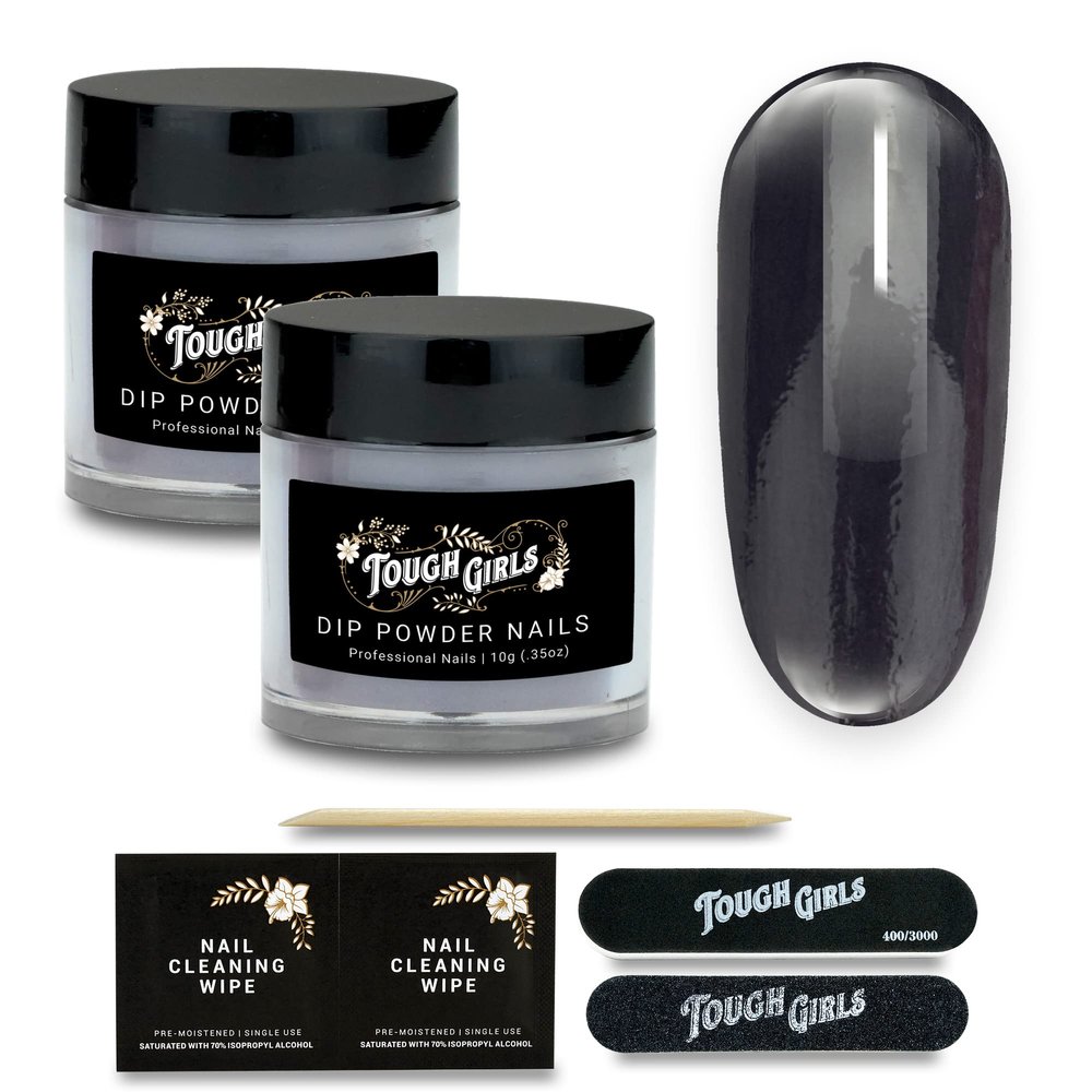 TOUGH GIRLS | Dip Powder | Includes Cuticle Stick, Nail File, Nail Buffer & Nail Wipes (Dark Gray | 2-Pack)