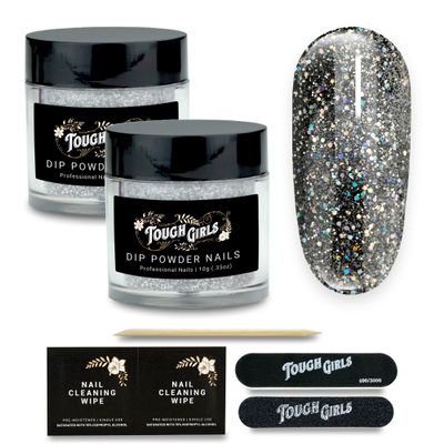 TOUGH GIRLS | Dip Powder | Includes Cuticle Stick, Nail File, Nail Buffer & Nail Wipes (Black Sparkles | 2-Pack)