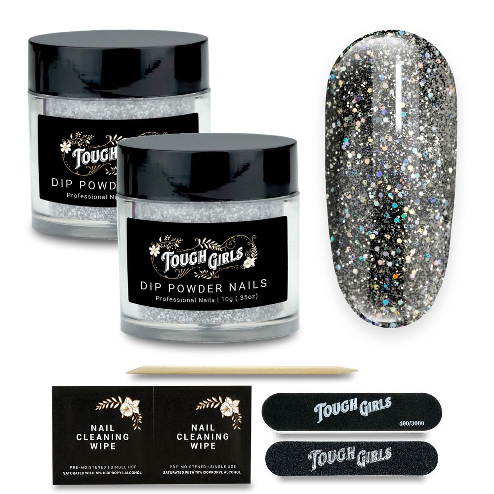 TOUGH GIRLS | Dip Powder | Includes Cuticle Stick, Nail File, Nail Buffer & Nail Wipes (Black Sparkles | 2-Pack)