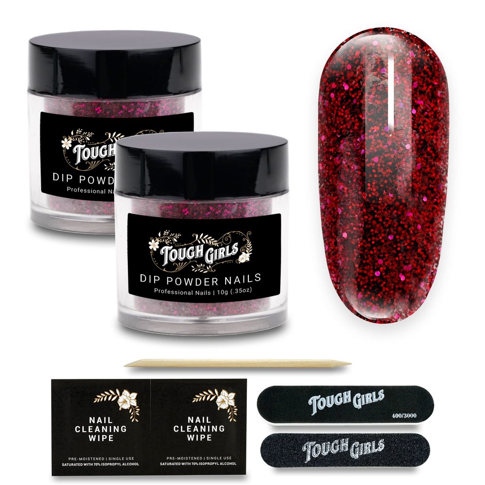 TOUGH GIRLS | Dip Powder | Includes Cuticle Stick, Nail File, Nail Buffer & Nail Wipes (Red Glitter | 2-Pack)
