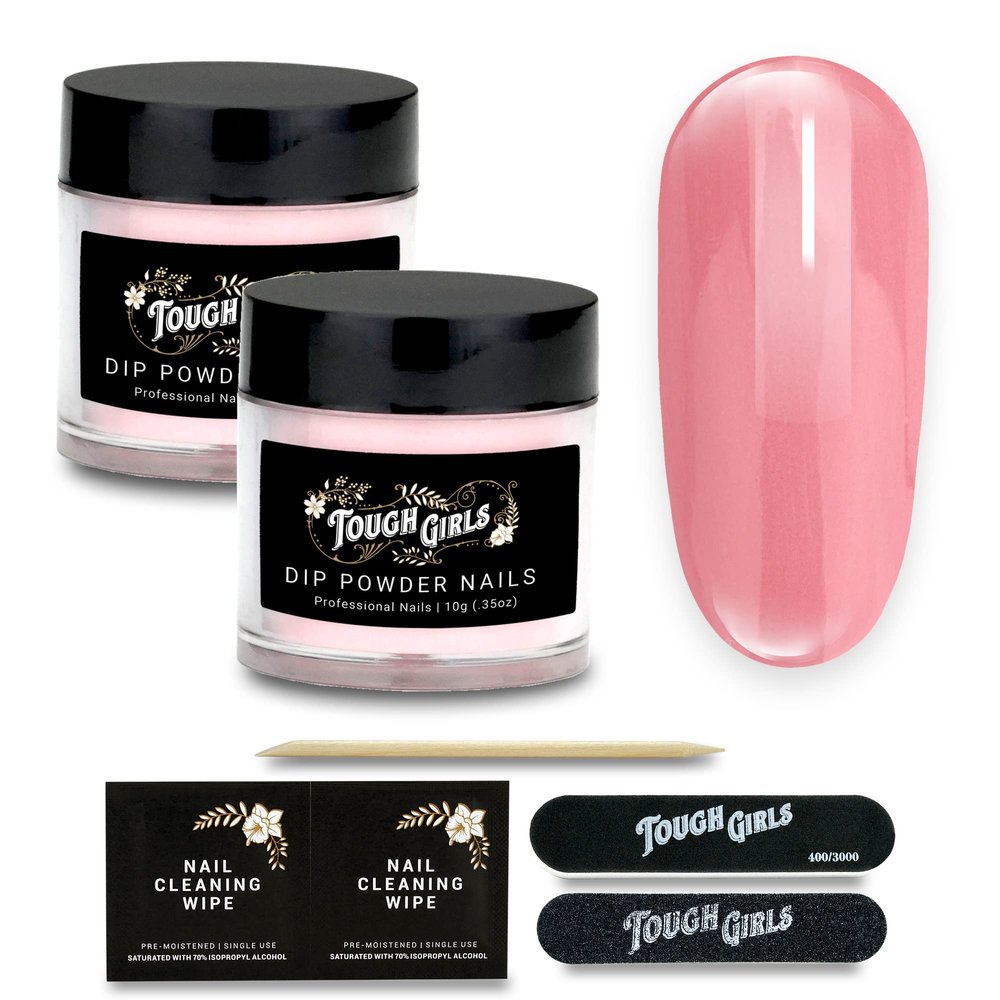 TOUGH GIRLS Dip Powder - Includes Cuticle Stick, Nail File, Buffer & Wipes (Pink Peach | 2-Pack)
