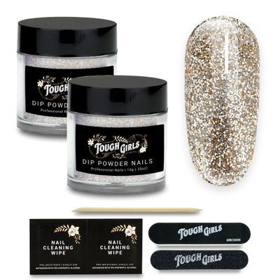 TOUGH GIRLS | Dip Powder - 2-Pack Includes Cuticle Stick, Nail File, Buffer & Wipes (Gold Sparkles)