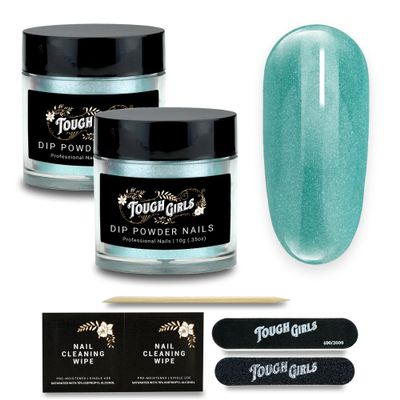 TOUGH GIRLS | Dip Powder | Includes Cuticle Stick, Nail File, Nail Buffer & Nail Wipes (Turquoise Glitter | 2-Pack)