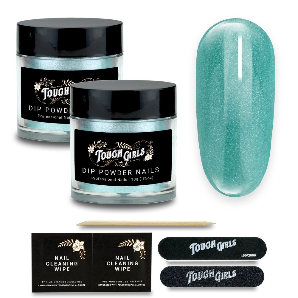 TOUGH GIRLS | Dip Powder | Includes Cuticle Stick, Nail File, Nail Buffer & Nail Wipes (Turquoise Glitter | 2-Pack)