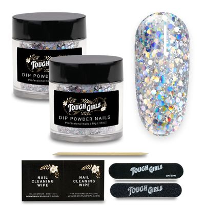 TOUGH GIRLS | Dip Powder | Includes Cuticle Stick, Nail File, Nail Buffer & Nail Wipes (Silver Glitter | 2-Pack)