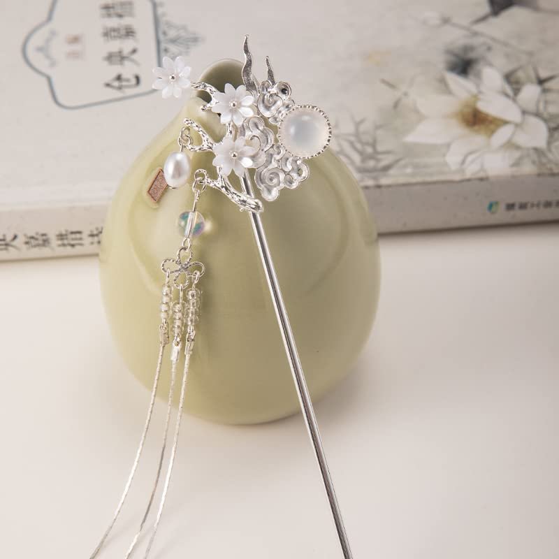 Silver Cloud Pearl Hairpin Hair Clasp Sticks Picks White Flower Crystal Long tassels Hair Accessories For Long Hair Women Wedding Hanfu Cheongsam (Silver cloud)