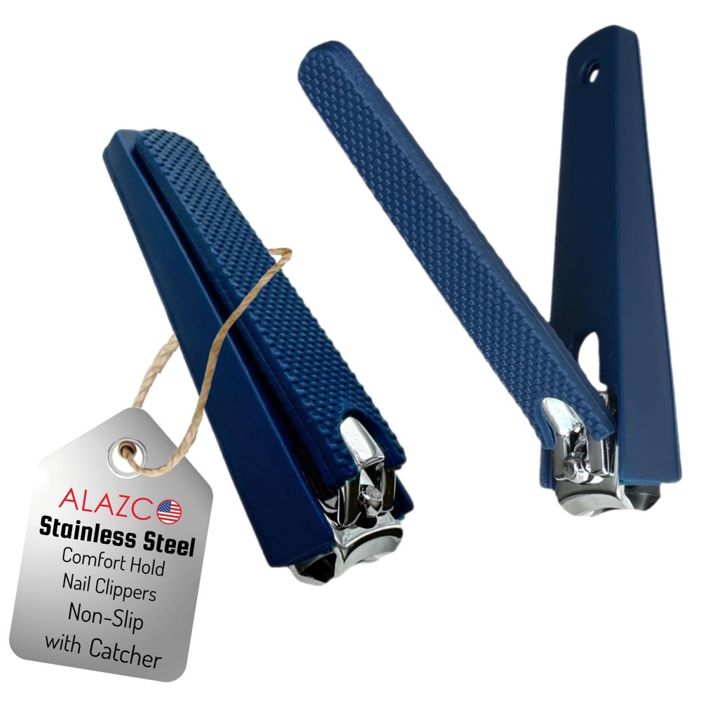 2 Comfort Hold Navy Large Nail Clippers Non-Slip Sure Grip Clipping Removable Catcher Toenails Fingernails Cutter Ultra Sharp Trimmer Stainless Steel Men Women Arthritis Unsteady Hands