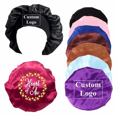Custom Satin Bonnet Silk Bonnets for Black Women Sleeping Makeup, 20PCS/lot Personalized Logo Hair Cap Bonnet for Long Curly Braid Hair (Logo on Back, Peacock-Blue)