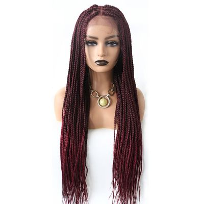 Long Box Braids Lace Front Wigs Synthetic Hand-Braided Wigs with Baby Hair Natural Hairline Micro Twist Cornrow Goddess Ditch Hairpiece for Black Women (#T1B/BUG Black Mix Red)