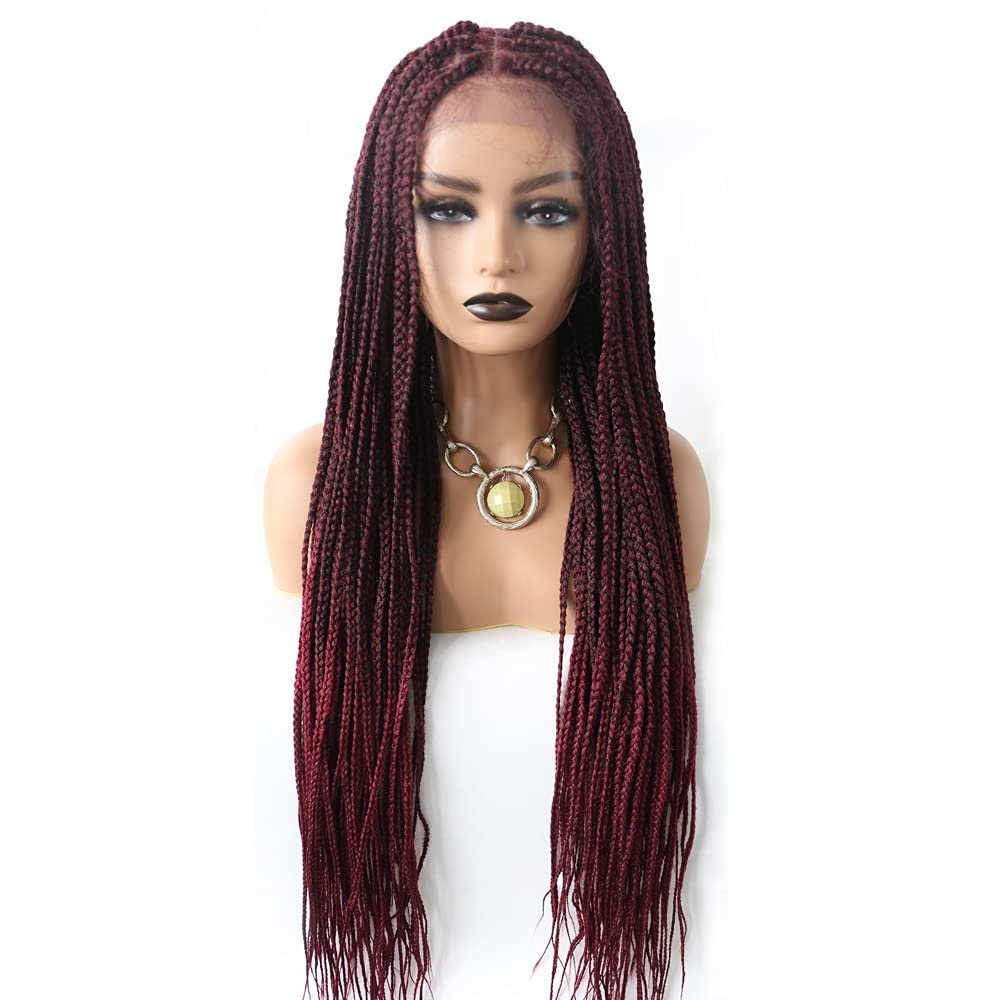 Long Box Braids Lace Front Wigs Synthetic Hand-Braided Wigs with Baby Hair Natural Hairline Micro Twist Cornrow Goddess Ditch Hairpiece for Black Women (#T1B/BUG Black Mix Red)